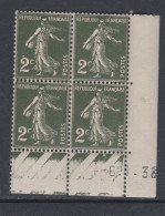 France N° 278 XX Type Semeuse : 2 C. Vert Foncé En Bloc De 4 Coin Daté Du  6 . 1 . 38 ; 1 Pt Blanc, Ss Charnière, TB - 1930-1939