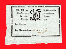 TRES RARE - BILLET DE CONFIANCE - TROIS SOLS - DISTRICT DE LOCHES - REVOLUTION  FRANCAISE - Assignats & Mandats Territoriaux