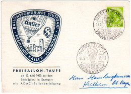 BRD 1953, 2 Pf. Posthorn Auf Sonderkarte Haller Freiballon Taufe Stuttgart - Covers & Documents