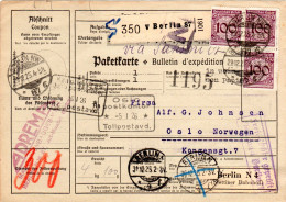 DR 1925, MeF 3x100 Pf. Auf Paketkarte V. Berlin Via Sassnitz N. Norwegen. - Covers & Documents