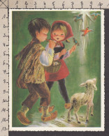 092270/ Couple D'enfants, Petit Berger Jouant De La Flûte, Agneau - Children's Drawings