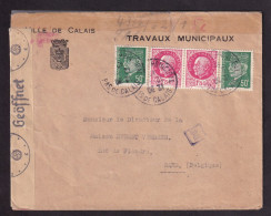 DDGG 044 - Enveloppe TP Pétain CALAIS P.d.C. 1942 Vers La Belgique - Censure KOLN - Ville De Calais, Travaux Municipaux - 2. Weltkrieg 1939-1945