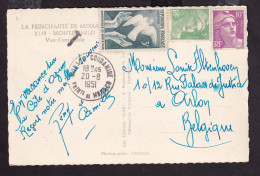 DDGG 048 - Carte-Vue TP Marianne De Gandon Postée à MONACO 1951 - Taxée T (timbres Non Acceptés) - Taxe Non Perçue ARLON - 1945-54 Marianne (Gandon)