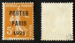 N° PREO 27 5c POSTES PARIS 1921 NSG TB Cote 500€ Signé Roumet - 1893-1947