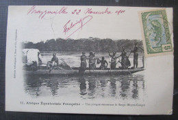 Congo Pirogue Remontant La Sanga Moyen Congo Cpa Timbrée - Congo Francese