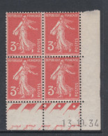 France N° 278A XX Type Semeuse : 3 C. Rouge-orange En Bloc De 4 Coin Daté Du 13 . 10 . 34 ; 3 Pts  Blancs, Sans Ch.,TB - 1930-1939