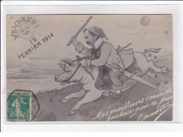 SURREALISME : Carte Photo D'un Homme Sur Un Cochon (carte De Voeux - 1914) (photo-montage) - Bon état - Altri & Non Classificati