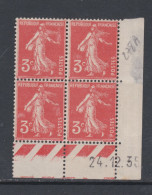 France N° 278A (.) Type Semeuse : 3 C. Rouge-orange En Bloc De 4 Coin Daté Du 24 . 12 . 35 ; Ss Point, Neuf Ss Gomme, TB - 1930-1939