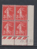 France N° 278A XX Type Semeuse : 3 C. Rouge-orange En Bloc De 4 Coin Daté Du 24 . 12 . 35 ; 3 Points, Sans Charnière, TB - 1930-1939