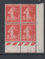 France N° 278A XX Type Semeuse : 3 C. Rouge-orange En Bloc De 4 Coin Daté Du 28 . 10 . 36 ; 3 Points, Sans Charnière, TB - 1930-1939