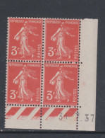 France N° 278A XX Type Semeuse : 3 C. Rouge-orange En Bloc De 4 Coin Daté Du 31 . 7 . 37 ; Ss Point, Sans Charnière, TB - 1930-1939