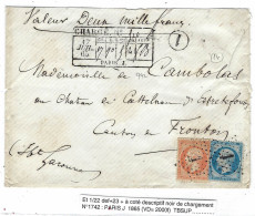 1865 - Enveloppe CHARGE De PARIS J. V D 2000 F. Descriptif Noir Avec 1 Cercle Noir Affr. N°22 Et 23 Oblit. étoile 1 - 1849-1876: Periodo Clásico
