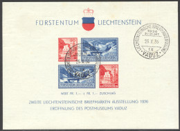 Liechtenstein, 1936, Postal Museum, Vaduz Philatelic Exhibition, Cancelled, LH Gum, Michel Block 2 - Blocks & Sheetlets & Panes