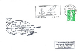 ENVELOPPE AVEC CACHET LA POSTE NAVALE A 50 ANS LE 15/09/1993 - FLAMME PARIS NAVAL - Poste Navale