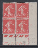 France N° 278A XX Type Semeuse : 3 C. Rouge-orange En Bloc De 4 Coin Daté Du 30 .3 . 33 ; 3  Points, Sans Charnière, TB - 1930-1939