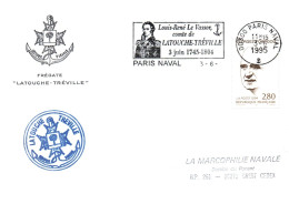 ENVELOPPE AVEC CACHET FREGATE LATOUCHE TREVILLE - FLAMME PARIS NAVAL LATOUCHE TREVILLE LE 3/6/1995 - Scheepspost