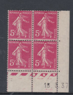 France N° 278B XX Type Semeuse : 5 C. Rose En Bloc De 4 Coin Daté Du 15 . 3 . 37 ; 3  Points  Blancs, Sans Charnière, TB - 1930-1939