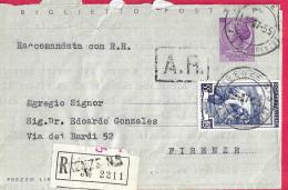 INTERO BIGLIETTO POSTALE SIRACUSANA L.25 (+55 LAVORO) - RACCOMANDATA  DA "FIRENZE*19.7.55*/PIAZZA S.LORENZO" PER FIRENZE - 1946-60: Storia Postale