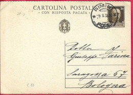 ANNULLO DC "RIMINI*6.8.38*/ FORLI'" SU INTERO CARTOLINA POSTALE IMPERIALE C.30 (DOMANDA)  PER BOLOGNA - Marcophilia