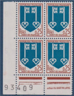 Armoiries De Ville, Mont De Marsan, 25c Brun Rouge Et Bleu N°1469, Neuf Bloc X4 Numéroté 93409 Coin De Feuille - 1941-66 Wapenschilden