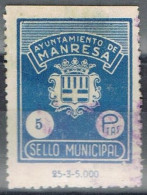 Sello Viñeta Fiscal Municipal , MANRESA (Barcelona) 5 Pts, Tirada En Anverso º - Revenue Stamps