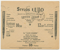 Postal Cheque Cover France 1937 Fountain Pen - Stylos Lujo - Non Classés