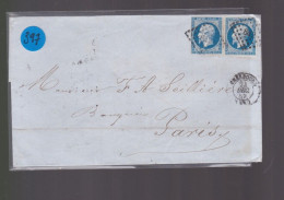 2  Timbres  Napoléon III   N° 14  20 C Bleu   Sur Lettre  Départ Cherbourg   Pc  842    Destination Paris  1857 - 1853-1860 Napoléon III.