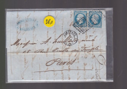 2  Timbres  Napoléon III   N° 14  20 C Bleu   Sur Lettre  Départ Bordeaux    Destination Paris  1857 - 1853-1860 Napoléon III