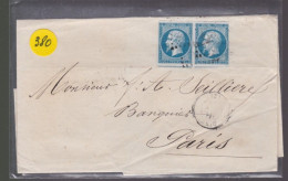 Une  Paire  Timbre   Napoléon III   N° 14  20 C Bleu   Sur Lettre   ( S.C )    Destination Paris  1857 - 1853-1860 Napoleon III