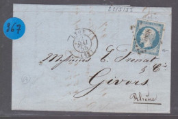 Un  Timbre     Napoléon III   N° 14  20 C Bleu   Sur Lettre Départ Lyon  1855    Destination  Givors ( Rhône ) - 1853-1860 Napoléon III