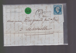 Un  Timbre     Napoléon III   N° 14  20 C Bleu   Sur Lettre Départ  Avignon  1857  Destination Marseille - 1853-1860 Napoléon III