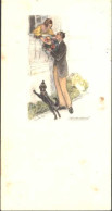 13810405 - Mann Mit Blumenstrauss Und Hund Am Fenster Einer Frau, Zeichnung Von Mauzan, 13,5 Cm X 7 Cm - Mauzan, L.A.