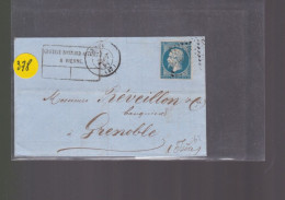 Un  Timbre  Napoléon III   N° 14  20 C Bleu  Lettre   Départ Vienne     1859   Destination   Grenoble - 1853-1860 Napoléon III.