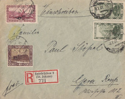 Saargebiet R-Brief Mif Minr.91,2x 112,114 Saarbrücken 3  8.7.27 Gel. Nach Gera - Briefe U. Dokumente