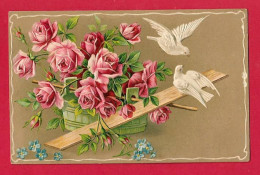 AF143 FANTAISIES BOUQUET DE ROSES ET COLOMBES CARTE GAUFREE - Flores