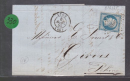 Un  Timbre  Napoléon III   N° 14  20 C Bleu  Lettre Départ Lyon     1855  Pour Givors - 1853-1860 Napoleon III