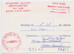 Enveloppe Délégation Militaire Départementale 62023 ARRAS Franchise Au Dos Cachet BERCK Plage 10 Novembre 1977 - Militaire Stempels Vanaf 1900 (buiten De Oorlog)