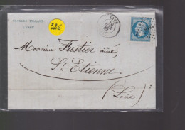 Un  Timbre  Napoléon III   N° 14  20 C Bleu  Lettre Départ  Lyon Pc 1818    1862   Destination   St - Etienne - 1862 Napoléon III