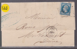 Un  Timbre  Napoléon III   N° 14  20 C Bleu  Lettre Départ Lyon Pc 1818     1862   Destination   Montélimar - 1862 Napoleon III