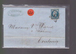 Un  Timbre  Napoléon III   N° 14  20 C Bleu  Lettre Départ  Bordeaux    1862   Destination    Toulouse - 1862 Napoleone III