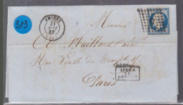 Un  Timbre  Napoléon III   N° 14  20 C Bleu  Lettre Départ  Amiens    1857    Destination   Paris  Après Le Départ - 1853-1860 Napoléon III