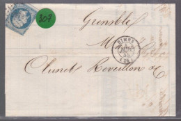 Un  Timbre  Napoléon III N° 14  20 C Bleu  Lettre Départ Nîmes Destination Grenoble  Année 1855 - 1853-1860 Napoleon III