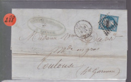 Un  Timbre  Napoléon III N° 14  20 C Bleu  Lettre  Saumur  1862   Destination Toulouse - 1862 Napoléon III