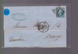 Un  Timbre  Napoléon III N° 14  20 C Bleu  Lettre  Paris  1860   Destination  Orange - 1853-1860 Napoleon III