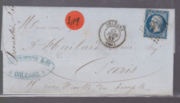 Un  Timbre  Napoléon III N° 14  20 C Bleu  Lettre  Cachet Orléans  1857  Destination  Paris - 1853-1860 Napoleone III