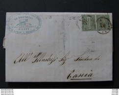 5 ITALIA Regno-1863- "L 14 Cifra Londra" C. 1 Coppia MILANO>CASCIA (descrizione) - Storia Postale