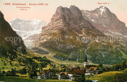 13010733 Grindelwald Ortsansicht Mit Kirche Viescherhoerner Eiger Berner Alpen G - Autres & Non Classés