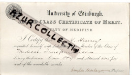 UNIVERSITY OF EDINBURGH . MEDECINE . 1889 - Diplomas Y Calificaciones Escolares