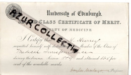 UNIVERSITY OF EDINBURGH . MEDECINE . 1889 - Diplômes & Bulletins Scolaires