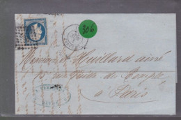 Un  Timbre  Napoléon III N° 14     20 C Bleu  Lettre Cachet  Le Havre     1857    Destination  Paris - 1853-1860 Napoléon III